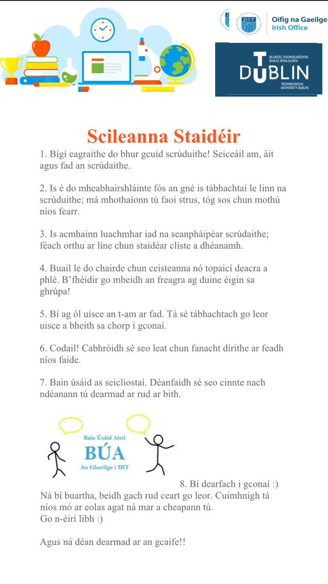 bua_dit's tweet photo. Dia daoibh muintir OTBÁC! Tá na scrúduithe ar siúl na laethanta seo ar an drochuair, ach rinne muidne i Sráid CB liosta Scileanna Staidéir chin cabhair a thabhairt libh! Go n-éirigh go geal libh!! #Gaeilge #ditbua #TUbua @OllscoilTeicBAC @TUDUBLIBRARY @TUDublibraryCBS https://t.co/M8pwAOYUsU