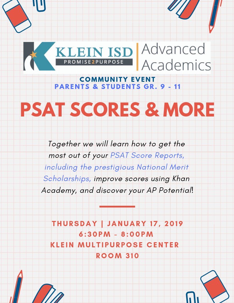 ImeeElizabeth's tweet photo. PSAT &amp; More: @KleinISD_AdvAca Community Event on Thursday, January 17th at Klein Multipurpose Center Room 310. Event starts at 6:30pm! @beth_gilleland @PlottKplott @BrandonBaker31 @heather517cook @liz_edmonson @susanmurphy101 @KleinCain https://t.co/aByVPJa7wI https://t.co/qB0r5YlLxY