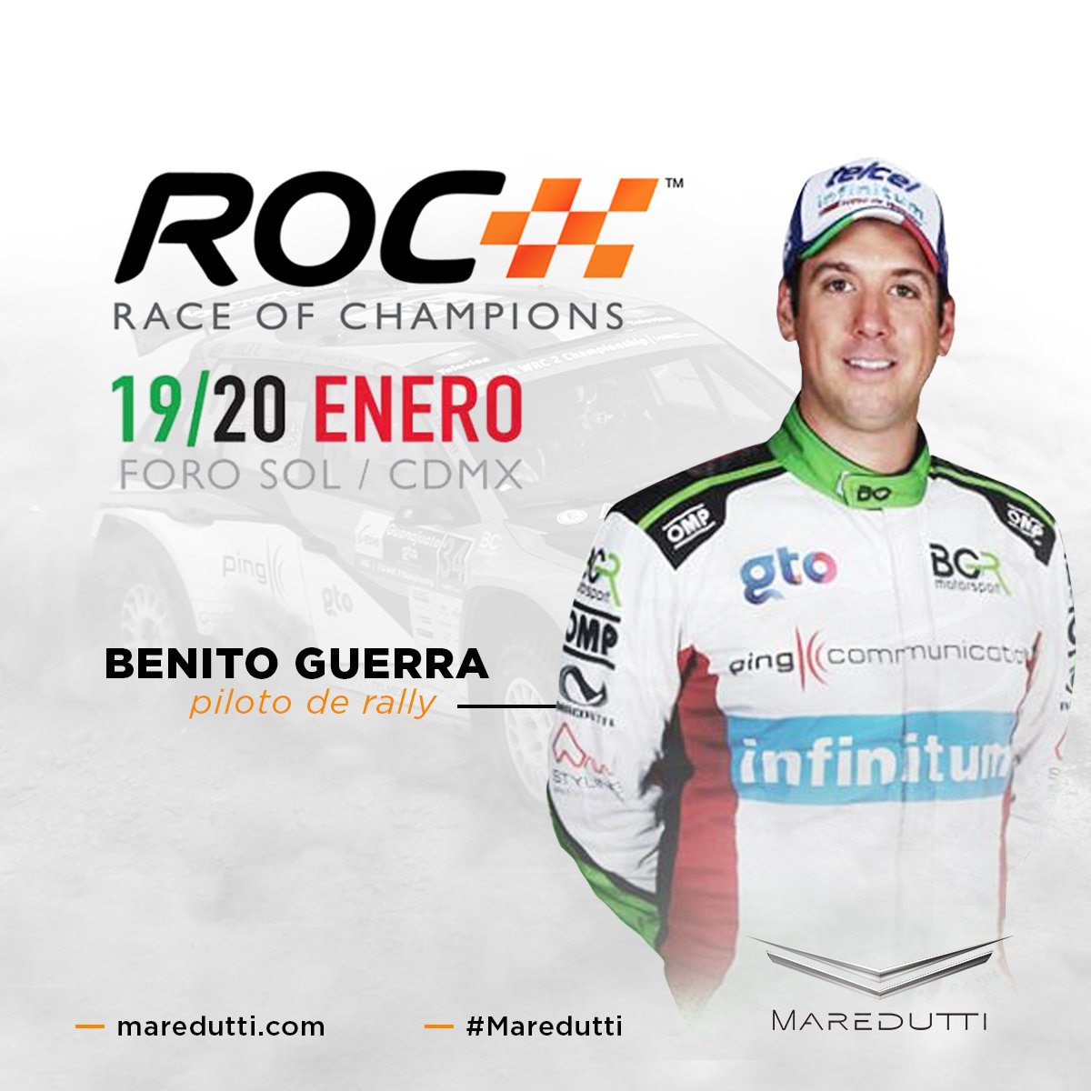 MAREDUTTI's tweet photo. El Próximo 19 y 20 de enero el equipo #Maredutti apoya a nuestro piloto @BenitoGuerra integrante del Team México en el @RaceOfChampions ¡Suerte Benny! #ROCMéxico #BGRMotorsport https://t.co/VAHt9olO5H