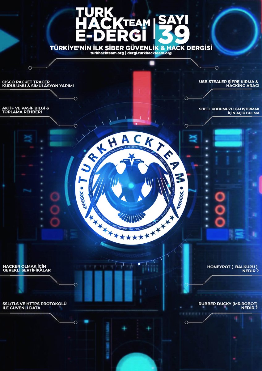 Türkiye’nin ilk siber güvenlik dergisinin 39. Sayısı yayımlandı! #edergi #türkhackteam #dergi #hack #sibergüvenlikdergisi 
Okumak için : dergi.turkhackteam.org/sayi/39/          
<a href="/Official_THT/">Türk Hack Team</a> @THT_ARGE <a href="/k3nz4i/">Kenzai</a> @KeyLo_99 <a href="/ZoRRo_KiN/">ZoRRoKiN</a> @Rauntht <a href="/stokTHT/">stokw</a> @VahapErenTR <a href="/thtstatus/">TurkHackTeam Status</a> <a href="/DDenekk/">Furkan Çağlar ÇELİK</a>
