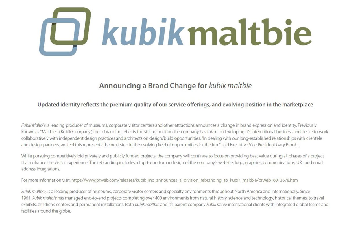 We have some exciting news to share.....! 
Please visit our newly launched and redesigned website!
kubikmaltbie.com
prweb.com/releases/kubik…
#kubikmaltbie #museumexhibit #museumfabrications #exhibitfabrication