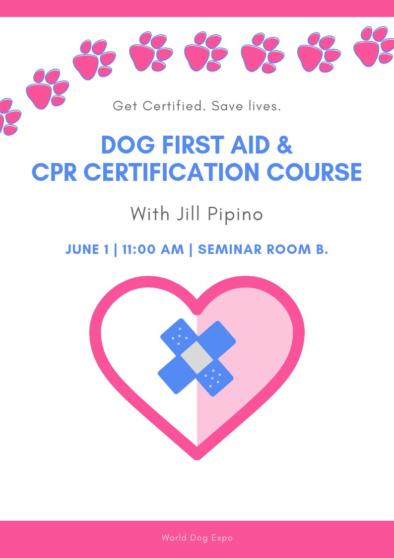 WorldDogExpo's tweet photo. Dog First Aid &amp; CPR | June 1, 11:00am | Seminar Room B.

Tickets are $49 and you can purchase them by clicking here: https://t.co/uK11pTenYS.

No dogs permitted in this seminar. https://t.co/BXcZAcvDLC