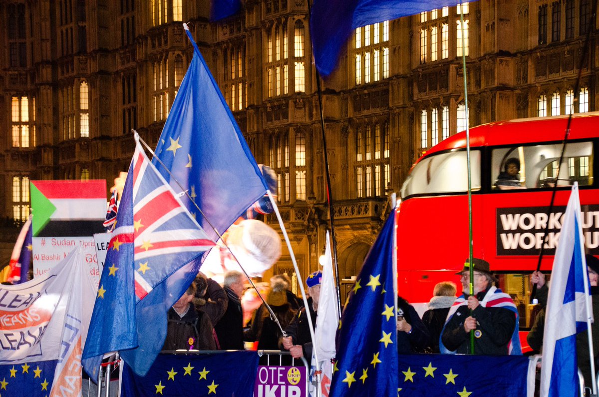 LiteralUK's tweet photo. Gentes con banderas y pancartas alusivas a este momento decisivo que en pocas horas tendrá su veredicto final. 
Photo credit: Maria Victoria Cristancho 
#BrexitVote #BrexitDebate #Westminster https://t.co/8XLEZomSyL