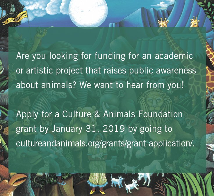 The deadline for grant proposals is just a few weeks away. If you're an academic or artist working on a project that raises awareness about animals, we want to hear from you: cultureandanimals.org/grants/grant-a…
