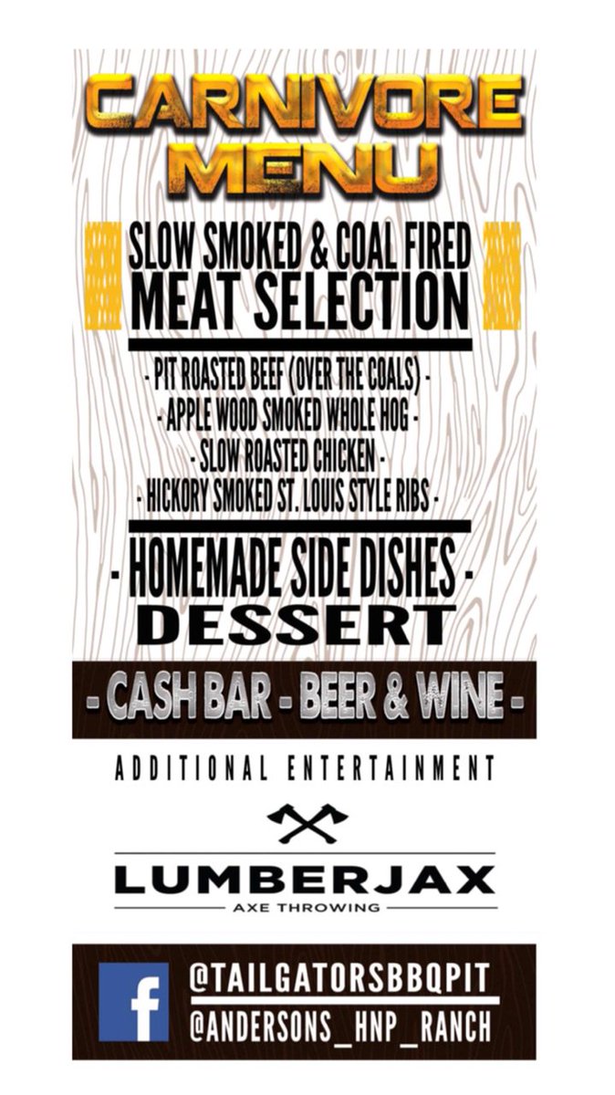 The_HitchnPost's tweet photo. This April 26th, #AndersonsHnPRanch & @ManitobaBBQguy will be putting on #Carnivore night here at the Ranch. Axe throwing will be here as well with @lumberjaxthrow
#AndersonsHnPRanch #tailgatorsbbqpit #carnivorenight #allyoucaneatmeat
#fillmybelly #axethrowing https://t.co/MnMTi3z9Pa