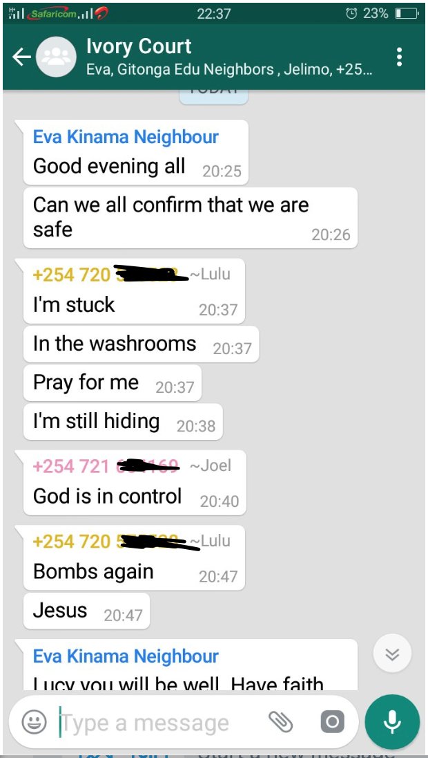 RobertAlai's tweet photo. I am still chatting with people inside the complex and @FredMatiangi claims that they have secured the building. WRONG!!! #RiversideAttack https://t.co/fDBhqKLlV8