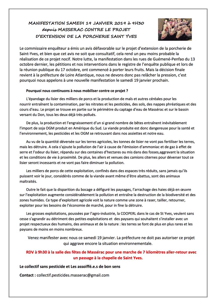 lapucedecormere's tweet photo. 📣 Ce samedi 19 janvier à 9h30 rdv à la salle des fêtes de Massérac pour soutenir les citoyens en lutte pour l'environnement et l'eau potable menacés par le projet d'usine à porcs de la Cooperl !!! 😨 https://t.co/Obb8CatjkT