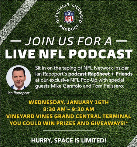 RapSheet's tweet photo. Tomorrow from 8:30-9:30AM Rapsheet + Friends will be hosted from the @vineyardvines NFL Pop-Up in their Grand Central store in NYC! Come sit in while I chat with @MikeGarafolo &amp; @TomPelissero and get the chance to win awesome prizes! RSVP using the link in my bio!  #EDSFTG #ad https://t.co/LyEhV7fPzp