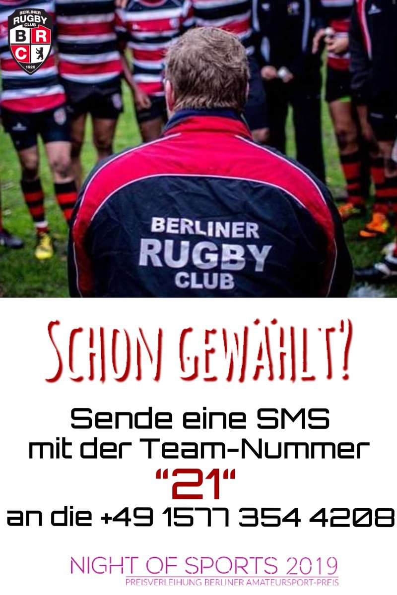 night-of-sports.berlin I Noch bis zum 28.02. den <a href="/BerlinerRC/">Berliner Rugby-Club</a> zum Sieger des “Berliner Amateursport-Preis 2019“ machen! Deine SMS mit der “21“ an die +49 1577 354 4208 hilft dabei. <a href="/TotalRugby/">Manuel Wilhelm • TotalRugby</a> @DRVRugby