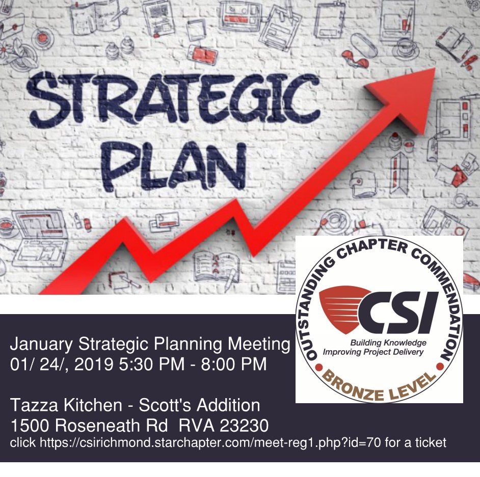CSI - RVA invites you to our
January Strategic Planning Meeting
01/ 24/, 2019 5:30 PM - 8:00 PM

Tazza Kitchen - Scott's Addition
1500 Roseneath Rd RVA 23230
click csirichmond.starchapter.com/meet-reg1.php?… for a ticket
