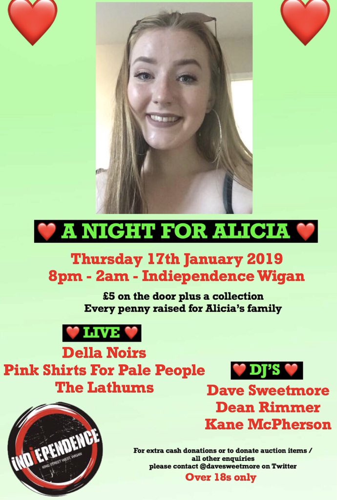 WIGAN!
Don't forget this Thursday is A Night For Alicia. Doors 8pm. Please come and support. Its a great line up. @Indiependence @WigToday @LaticsOfficial @WiganWarriorsRL @WiganCouncil @BBCRadioManc @1074towerfm @Rev962 @BoltonFM @BBCNWT @DellaNoirs @TLathums @PinkShirtsFPP