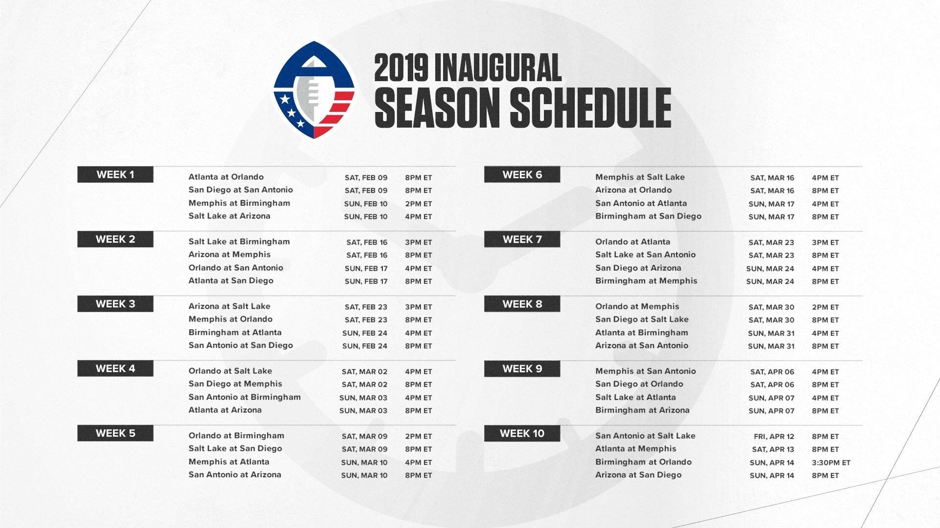 Alliance of American Football: 2019 inaugural season schedule