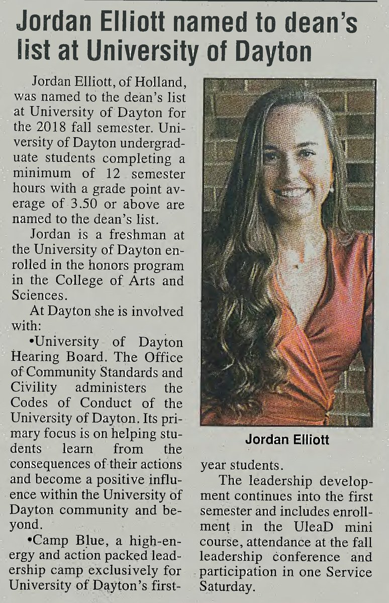 Elliottmarkc's tweet image. Congrats to my daughter @jordannelliott named to the Dean&apos;s list at @univofdayton Go flyers!  Story published in Holland-Springfield Journal.