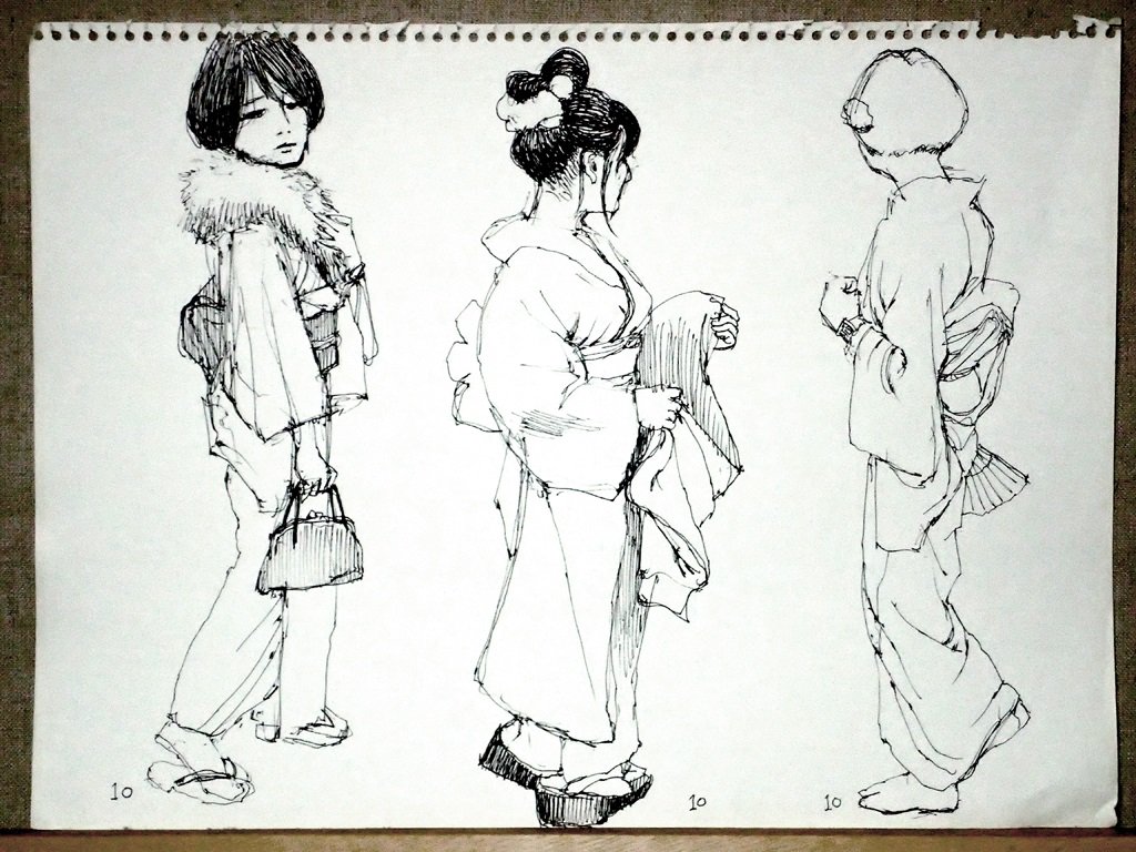 ふたたび画力の筋トレ。
永美太郎先生の和服クロッキー会に参加しました。
小さい数字は所要分数です。 