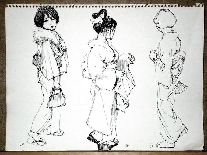 ふたたび画力の筋トレ。
永美太郎先生の和服クロッキー会に参加しました。
小さい数字は所要分数です。 