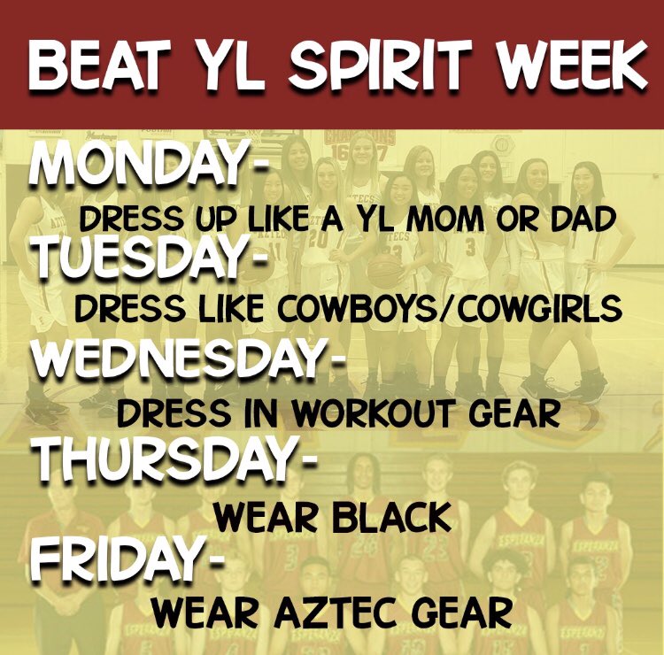 Beat YL Spirit week! Make sure to dress up and get hyped for the game!
