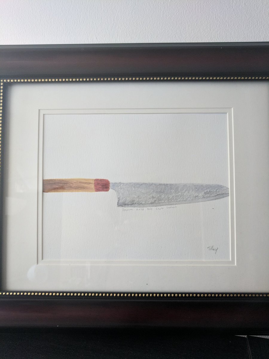 casualgrace's tweet photo. My lovely and talented sister @StudioTilley gifted me a watercolor for Christmas.

A painting she did of a Yoshimi Kato Gyuto.

#cheflife 
#chefdreams
#CookingForALiving https://t.co/OpIpqmp7bx
