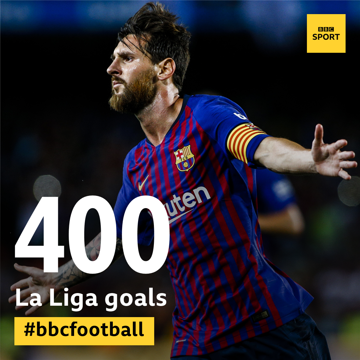 BBCSport's tweet photo. FT Barcelona 3-0 Eibar

Lionel Messi is:
⚽ The first player to reach 400 La Liga goals

⚽ The second player to reach 400+ goals in Europe's top five leagues after Cristiano Ronaldo (409)

... And he did it in 63 games fewer than Ronaldo
https://t.co/qT56kpRgpr 
#Messi #MESSI400 https://t.co/CaflRaOsHr