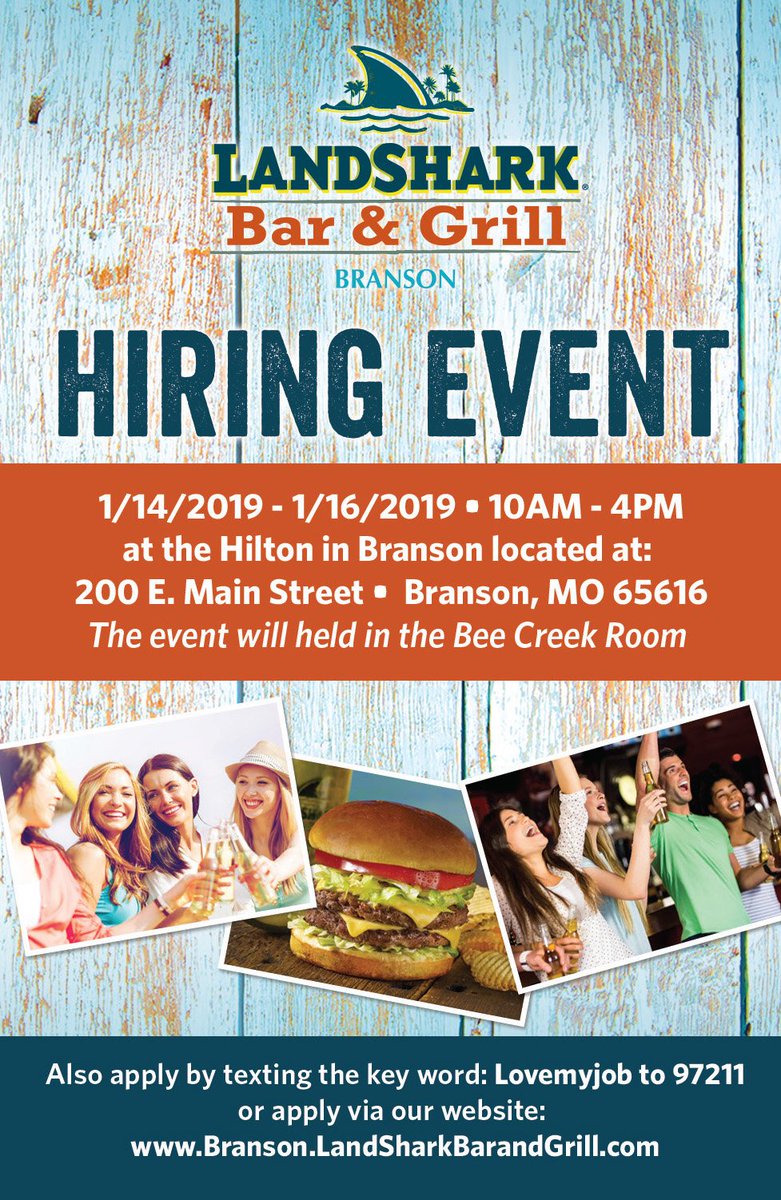 branson_landing's tweet photo. Landshark Bar & Grill is opening soon at Branson Landing but first they need a FINtastic team! Join Landshark for a HIRING EVENT January 14-16, 10AM to 4PM at the Hilton Branson Convention Center Hotel. #LetTheFinBegin #hiring #workforus https://t.co/sSoI486VmU