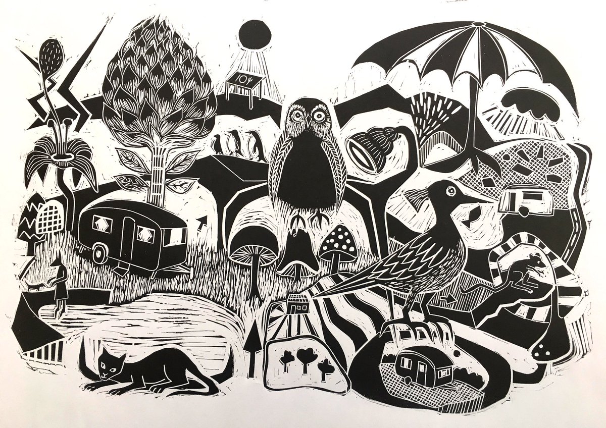 Hello #handmadehour ! Hope you are all well 😊 here’s my latest linocut based on my campervan adventures in the summer - still figuring out the colour additions so lots more to do but here’s the B&amp;W version! #linocut #storytelling #owl #caravan #printmaking #print #illustration