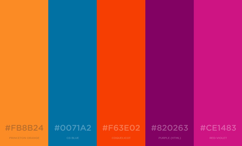 Web Design on Twitter: color scheme. Princeton Orange. CG Coquelicot. Purple. Red-Violet. - Loving these vibrant colors ;-) https://t.co/8oJLaRDy5Q" / Twitter