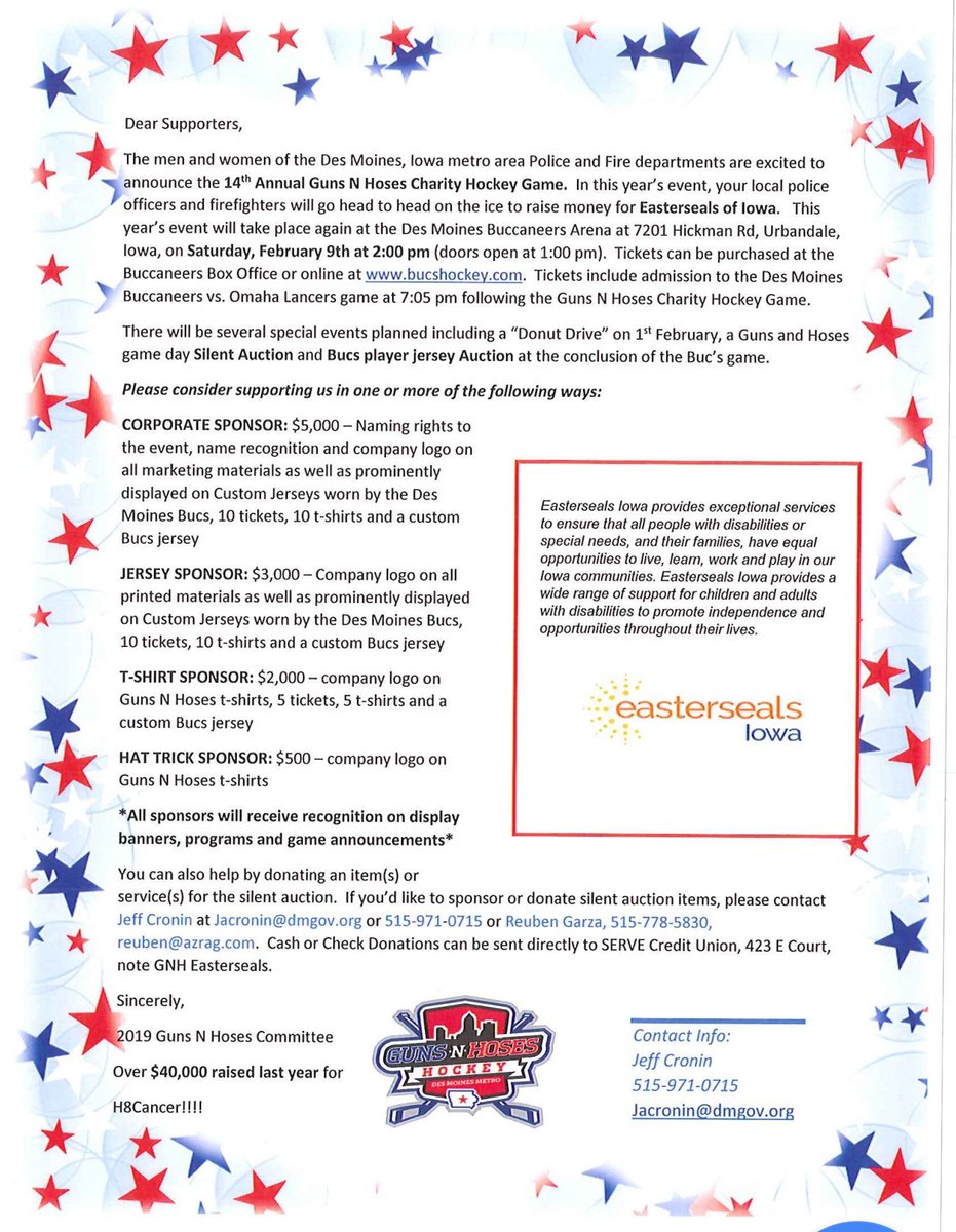 The 14th Annual Des Moines Guns N Hoses Hockey Game benefiting Easter Seals is on February 9th.  Sponsors and auction items needed.  Contact me for info.  Please retweet.