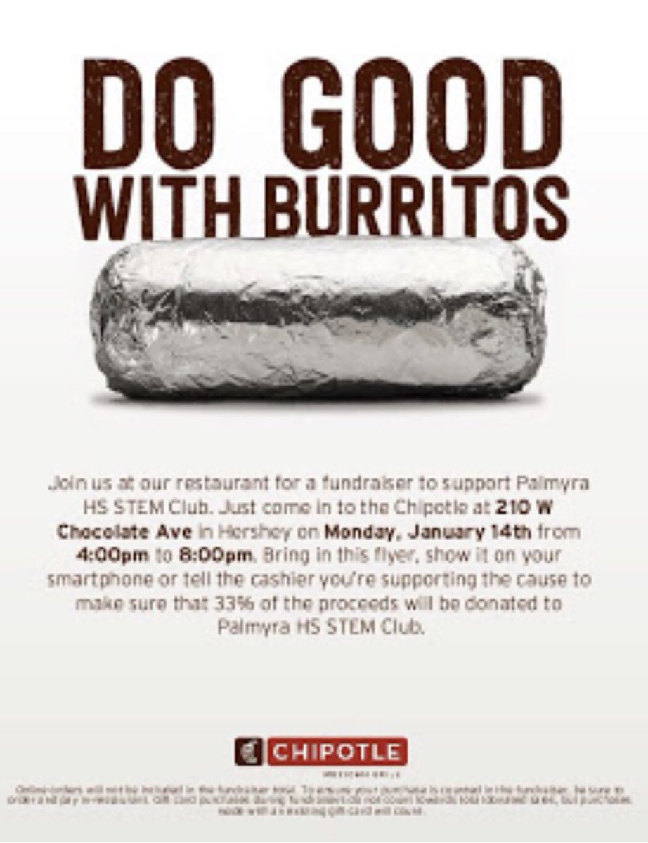 PalmyraSTEM's tweet photo. We have another stem fundraiser tomorrow at chipotle from 4-8p.m.! You can either show the photo below on your phone, get a paper copy, or tell the cashier at the register. Hope to see you there :) https://t.co/kUgOvTOAS7