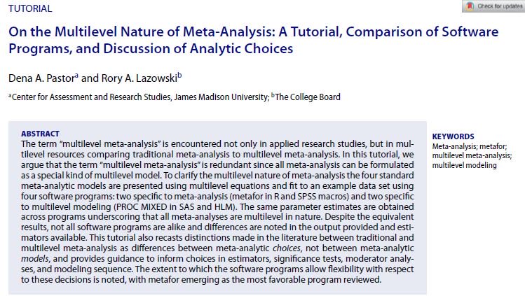Prepping for class and came across this tutorial relating standard multilevel models to the structure of meta analysis data (written by my MLM prof!). It discusses choices made in meta analyses and how options differ across R, SPSS, and SAS. doi.org/10.1080/002731…