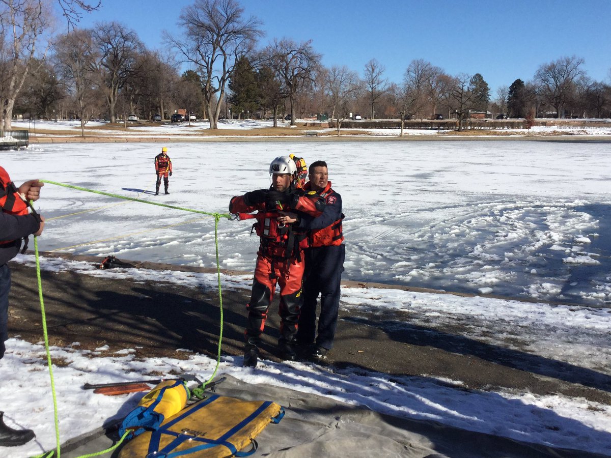 Denver Firefighters practicing life saving skills at Wash Park if someone falls through the ice.  The ice is thin right now! Please stay off the lakes and keep your dogs off as well.   Stay safe!
