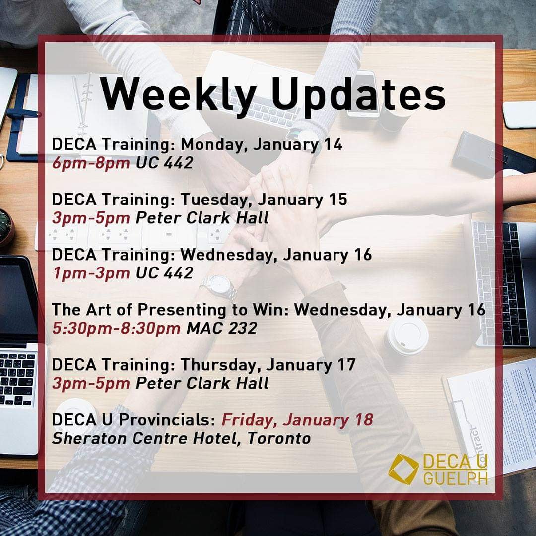 DECAUGUELPH's tweet photo. WEEKLY UPDATE! DECA's Provincial Case Competition is right around the corner so be sure to sign up for our upcoming training sessions. REMINDER: you need to attend 5 training sessions to qualify for provincials.

#UofGBusiness #DECAUGuelph https://t.co/ZVjXZ2KGeO