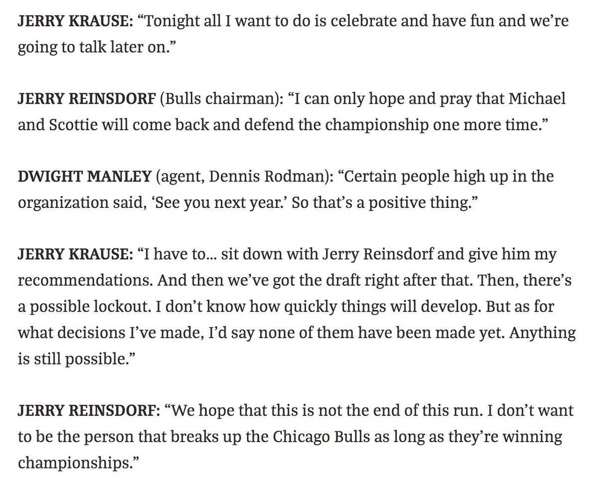 The spectre of a breakup hung over the entire 1998 season, which Phil Jackson nicknamed  #TheLastDance. Moments after MJ's last shot won ring #6, the Bulls power players all expressed doubts about a return for 1999.From:  https://www.chicagomag.com/city-life/June-2018/The-Last-Day-of-the-Chicago-Bulls-Dynasty-NBA-Finals-Game-6-1998/