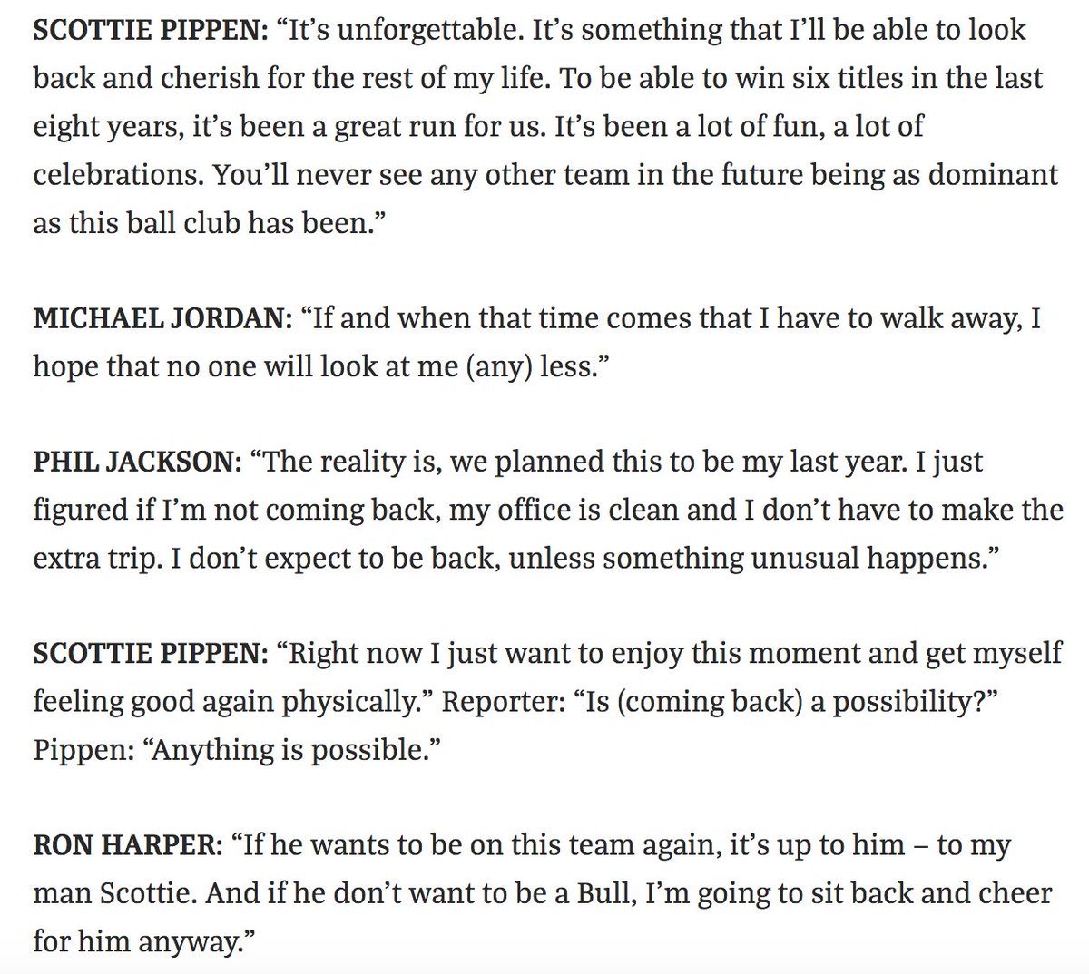 The spectre of a breakup hung over the entire 1998 season, which Phil Jackson nicknamed  #TheLastDance. Moments after MJ's last shot won ring #6, the Bulls power players all expressed doubts about a return for 1999.From:  https://www.chicagomag.com/city-life/June-2018/The-Last-Day-of-the-Chicago-Bulls-Dynasty-NBA-Finals-Game-6-1998/