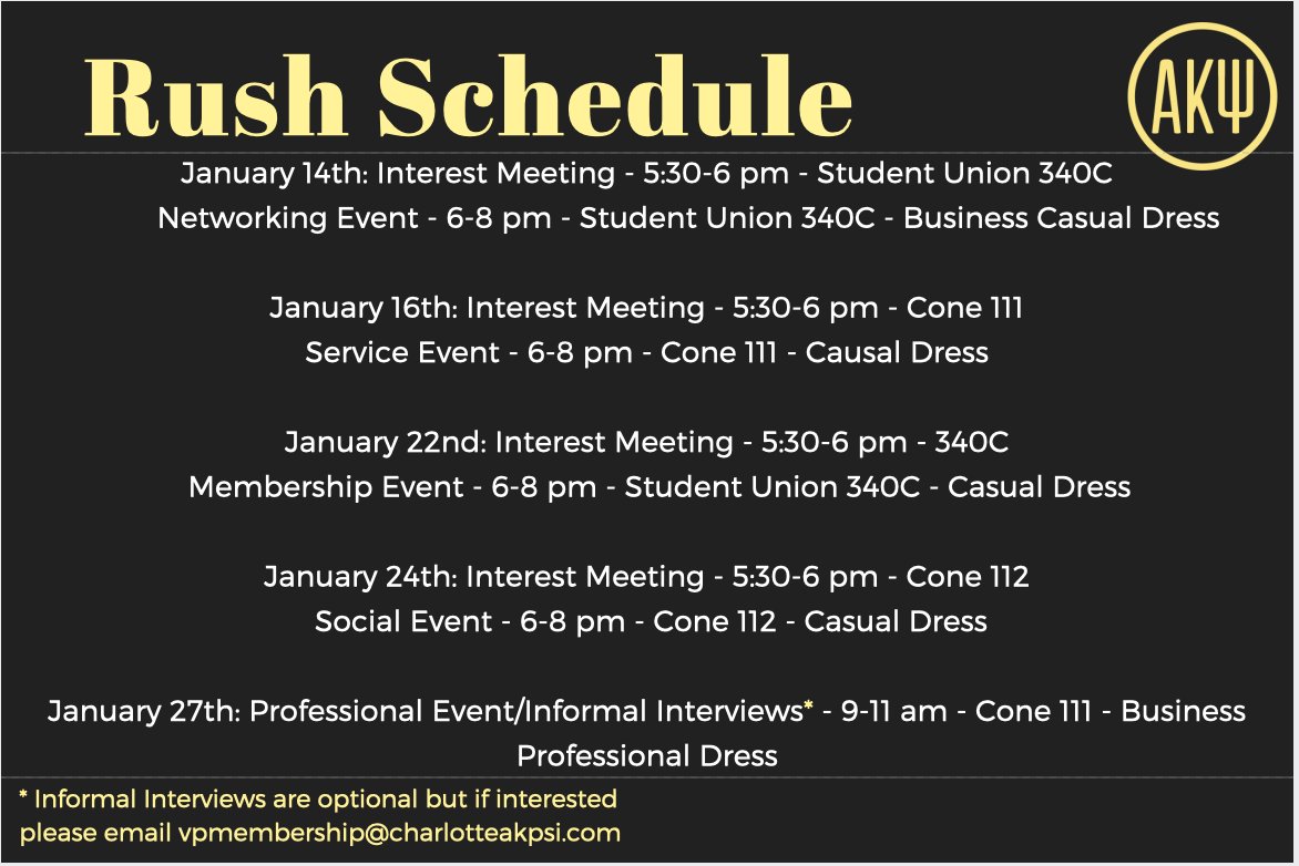Interested in becoming a Brother of Alpha Kappa Psi Co-Ed Professional Business Fraternity? Great! It is Rush Week for the spring semester. Please come out to rush events and learn more about our Chapter at UNC Charlotte! We hope to see you there 💙💛