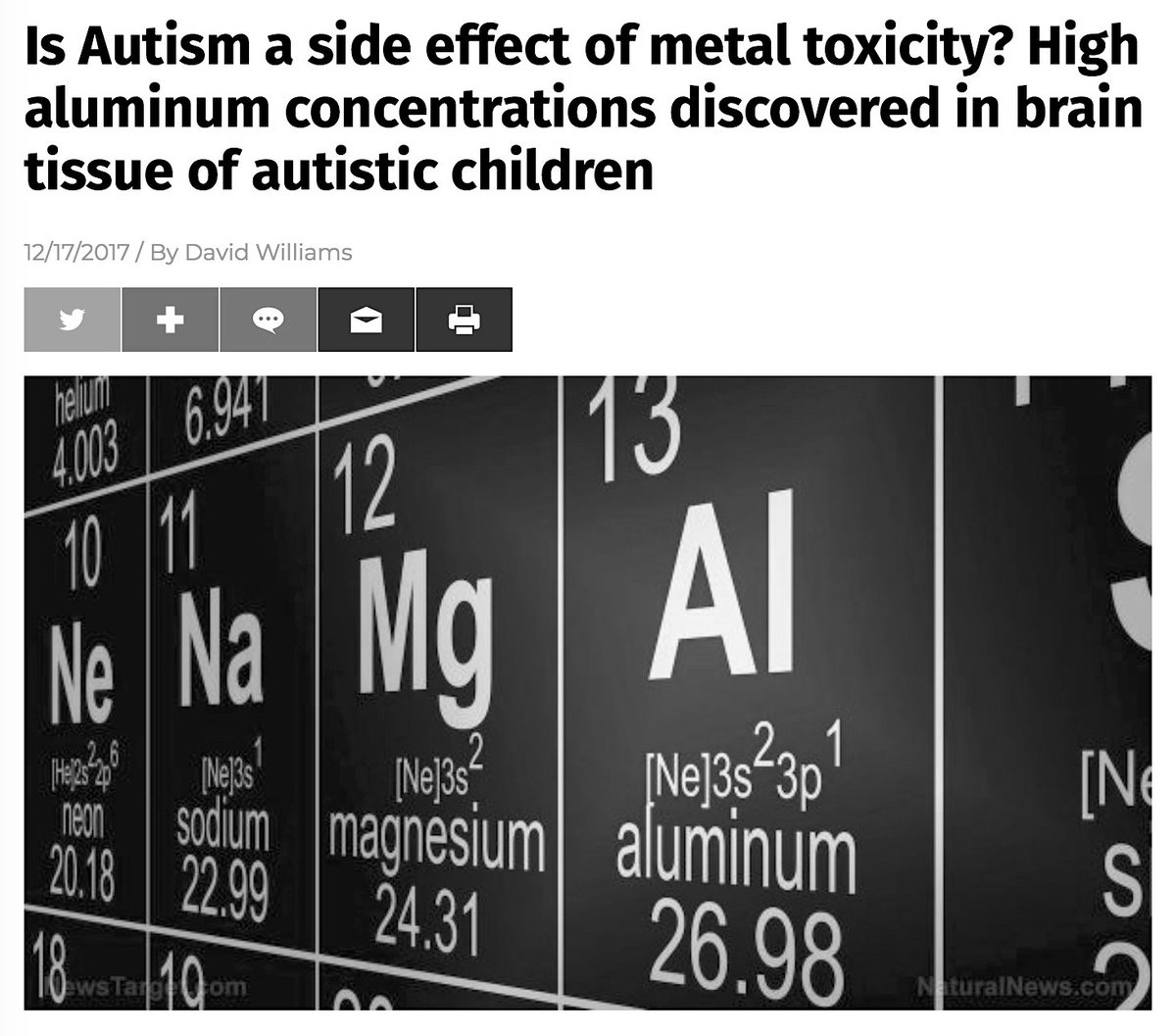 There Are No ‘Normal’ Levels Of Brain Aluminium. Its Presence In Brain Tissue, At Any Level, Could Be Construed As Abnormal.December 17, 2017 https://www.autismtruthnews.com/2017-12-17-is-autism-a-side-effect-of-metal-toxicity-high-aluminum-concentrations-discovered-brain-tissue.html #QAnon  #Vaccine  #Autism  #MetalToxicity  @potus