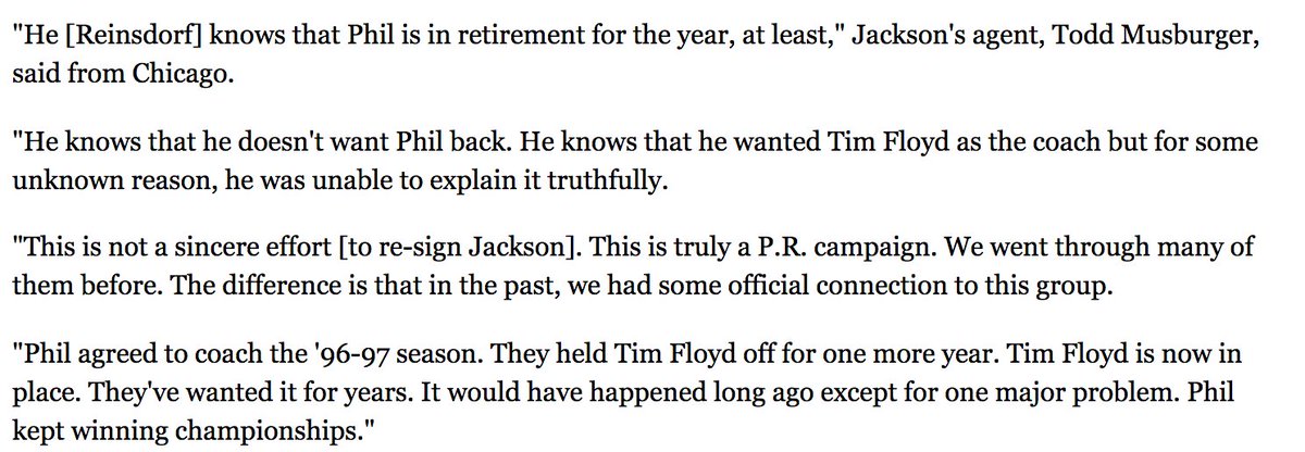 Reinsdorf said that if Phil did not come back before the lockout ended, Floyd would succeed him as coach. If he did return, Floyd would be Director of Basketball Operations.Phil's agent Todd Musburger called shenanigans. @markheisler:  http://articles.latimes.com/1998/jul/24/sports/sp-6759