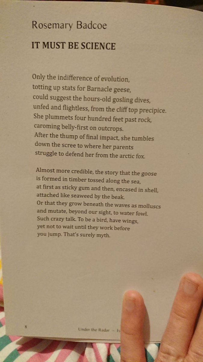 Sneaking this #weekendpoem in at the last minute. This is Rosmary Badcoe, published in the February 2016 issue of Under the Radar.

Fun fact: the Medieval church considered Barnacle Geese to be fish, meaning the could be eaten on Fridays.