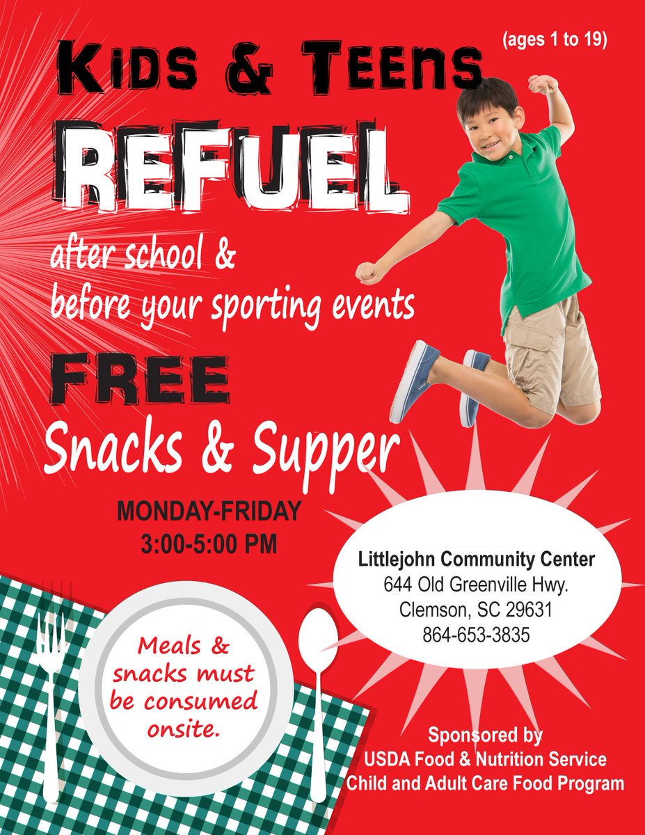 Littlejohn Community Center is now serving snacks and supper to children ages 1 to 19. Stop by after school, before your sporting event, or before your job to refuel.