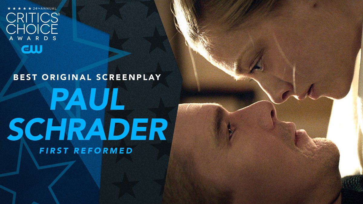 CriticsChoice's tweet photo. Presented earlier, #PaulSchrader wins  the #CriticsChoice Award for Best Original Screenplay for @FirstReformed. #FirstReformed #cwcriticschoice https://t.co/Fi5uWd29oA