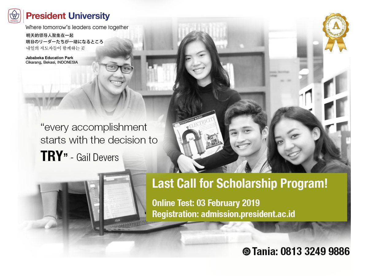 joinpresuniv's tweet photo. Greetings Future Leaders!

Do you missed the recent Scholarship Placement Test in your area? 

Don’t worry! President University  will conduct  ONLINE SCHOLARSHIP TEST for 12th grade Senior High School Students all over Indonesia.

For more informations:
https://t.co/GXb9YASUdq https://t.co/Vqub3uHa80