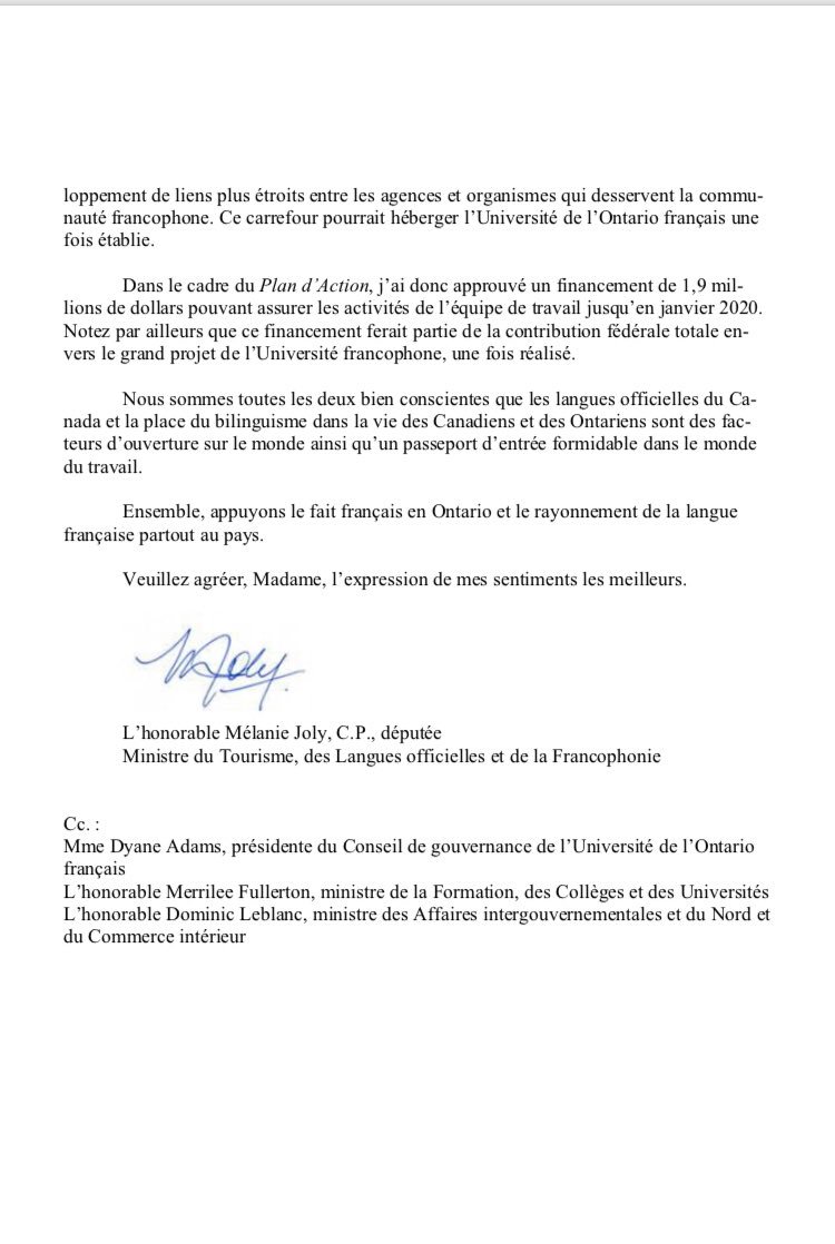 Les Franco-Ontariens pourront toujours compter sur notre appui à titre de partenaire dans le projet de l’Université de l’Ontario français. Nous avons débloqué 1,9 M$ qui permettra d'assurer les activités de l’équipe de travail en place jusqu’en janvier 2020. #ONfr #polcan