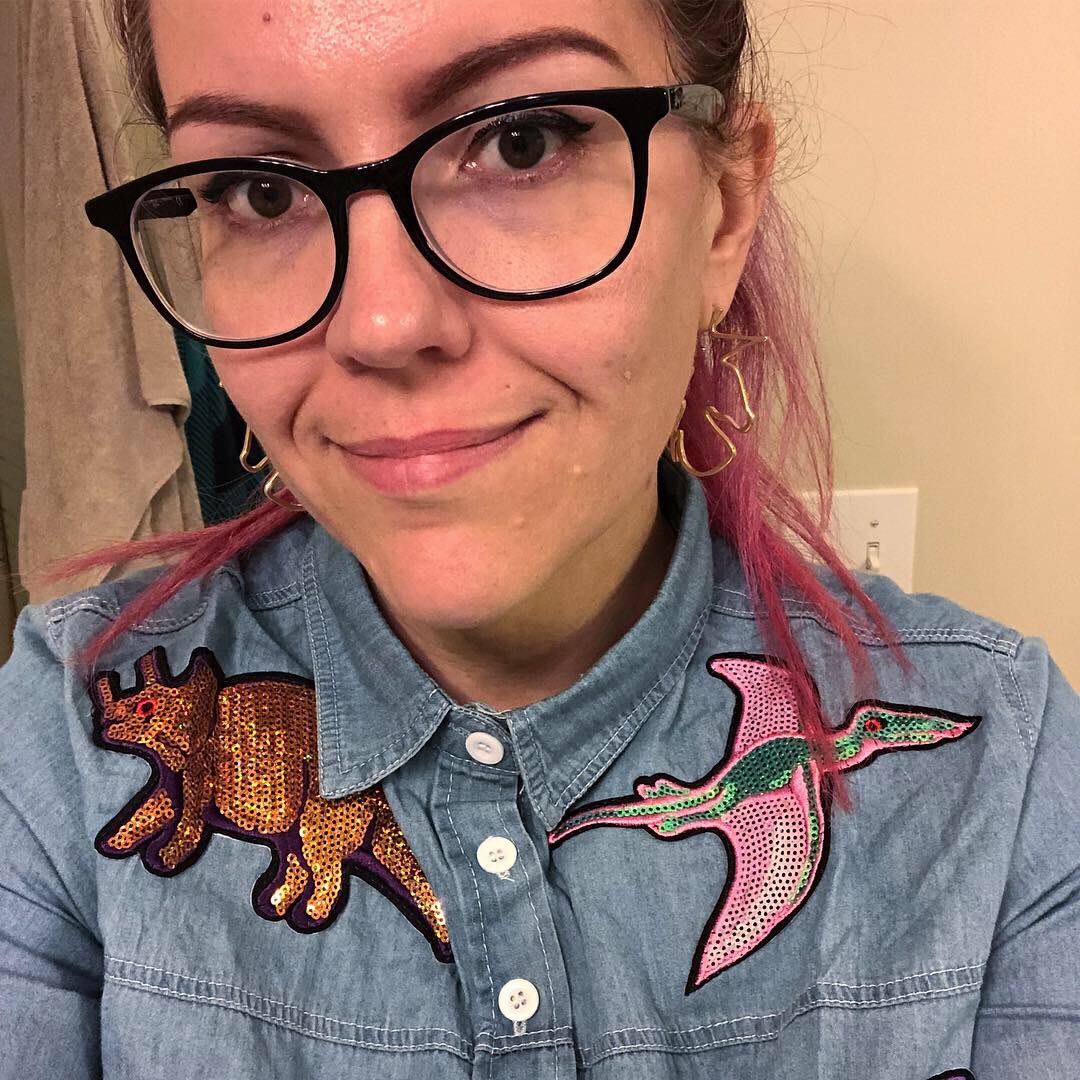 regertnothing's tweet image. A pic of our fearless co-host, Leah. Chances are her hair is a different color depending on the day. #dinoshirtwins #tattoopodcast