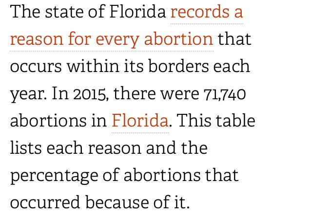 This is abortion statistics for Florida in 2015, where the medical abortions were recorded to be 71,740 babies, 92 percent of which were elective procedures rather than related to medical danger of the mother or problem with the baby