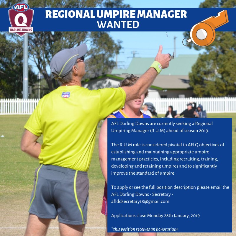 AFLQDD's tweet image. We are seeking a Regional Umpiring Manager ahead of season 2019, do you have what it takes? #ThisIsDDfooty #UmpireAFL