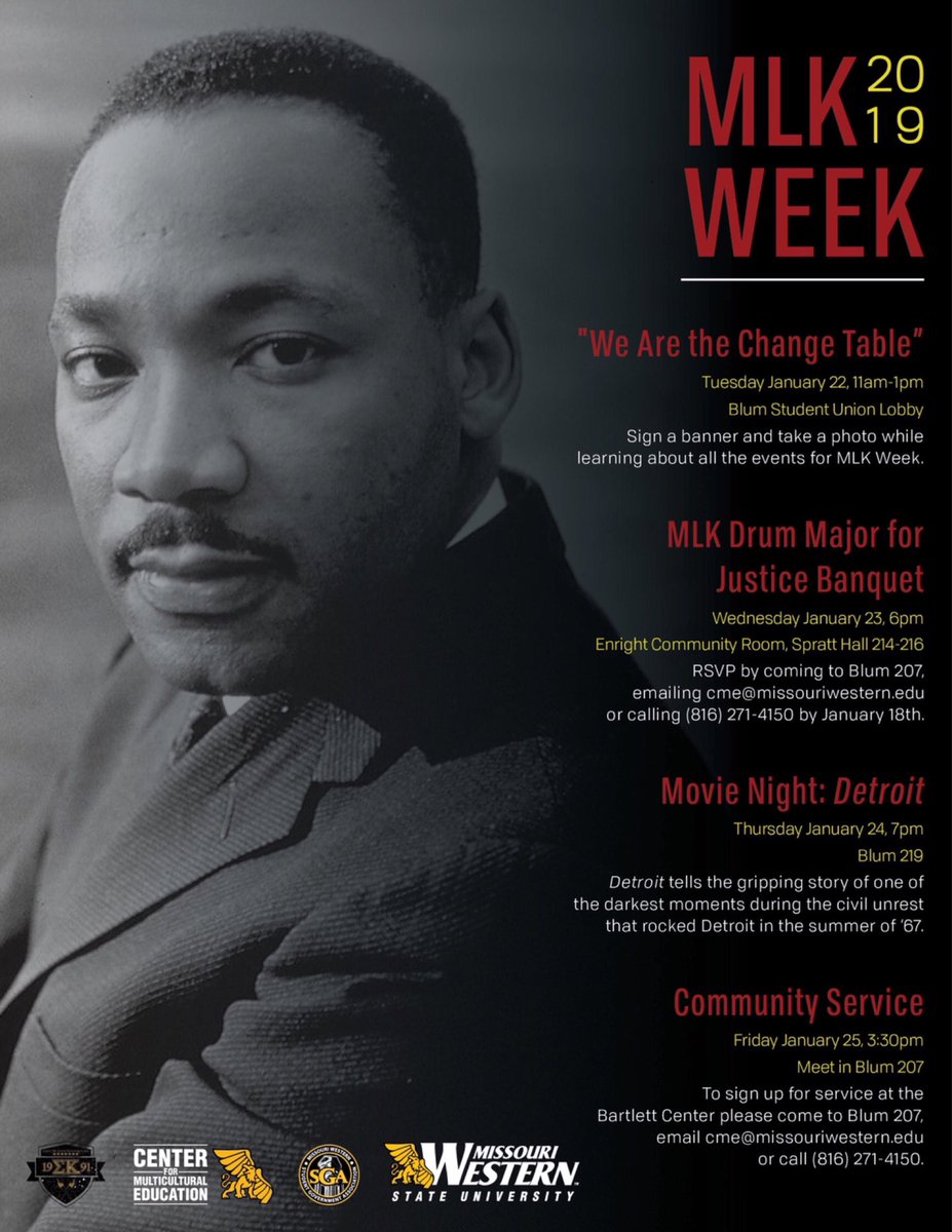 MowestAlphas's tweet photo. Join the Center for Multicultural Education along with Alpha Phi Alpha Fraternity, Incorporated for the 2019 MLK Week. We hope to see everyone at all the events. Please RSVP for the MLK Banquet by January 18th by emailing cme@missouriwestern.edu #MowestAlphas https://t.co/SWlKKqMGm8