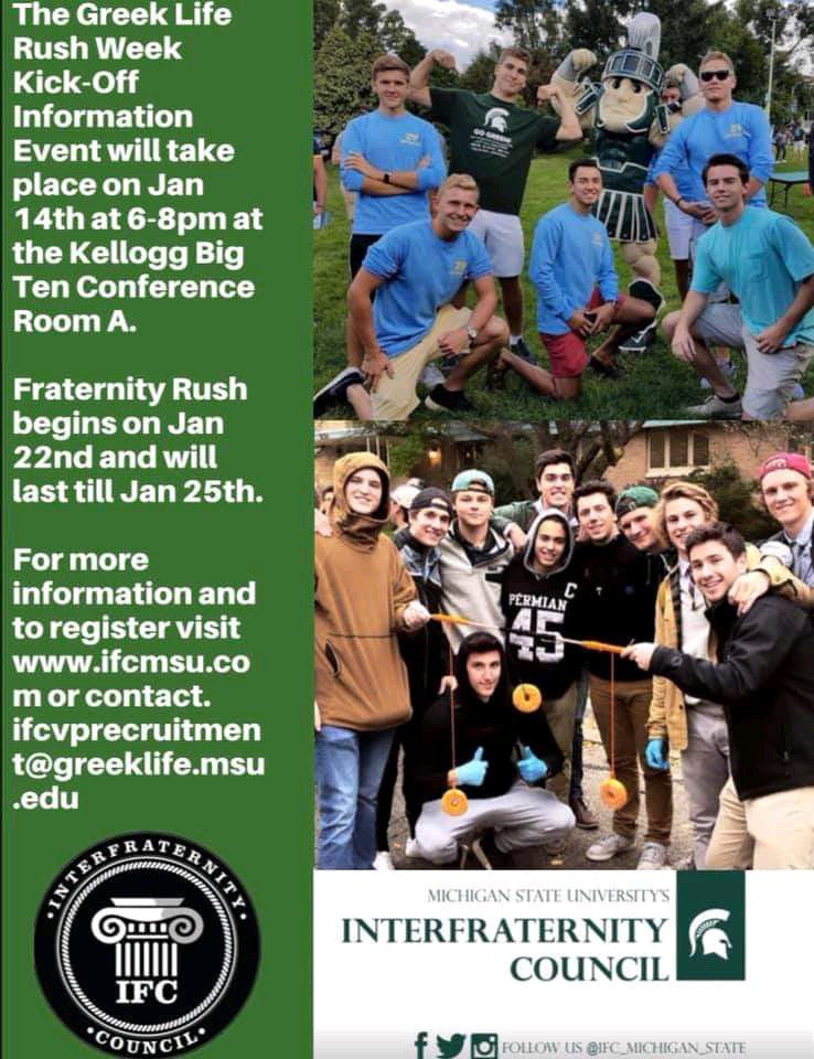 Just a reminder to come out to the Kellogg Center tomorrow anytime from 6-8 if you're interested in rushing spring 2019! We will be in conference room A