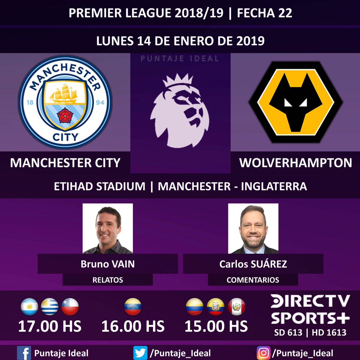 ⚽ #FútbolEnDIRECTV | #ManchesterCity vs. #Wolverhampton
🎙 Relatos: @brunovain
🎙 Comentarios: @CarlitosSuarez
📺 TV: @DIRECTVSports + Sudamérica (613 - 1613 HD)
🤳 #SoySportista - #PremierLeague 🏴 - #MCIWOL
Dale RT 🔃