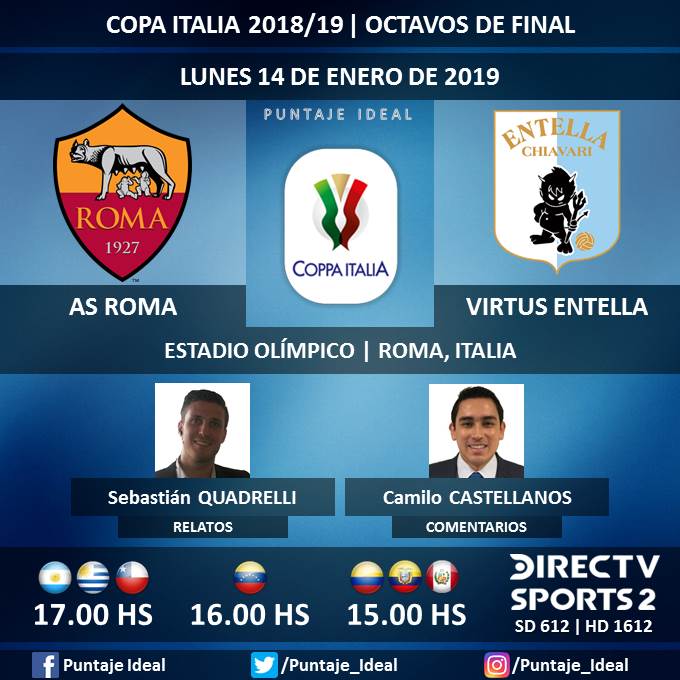 ⚽ #FútbolEnDIRECTV | #ASRoma vs. #VirtusEntella
🎙 Relatos: @SebaQuadrelli
🎙 Comentarios: @CastellanosCami
📺 TV: @DIRECTVSports 2 Sudamérica (612 - 1612 HD) - #Torneos
🤳 #SoySportista - #CopaItalia 🇮🇹 - #RomaEntella
Dale RT 🔃