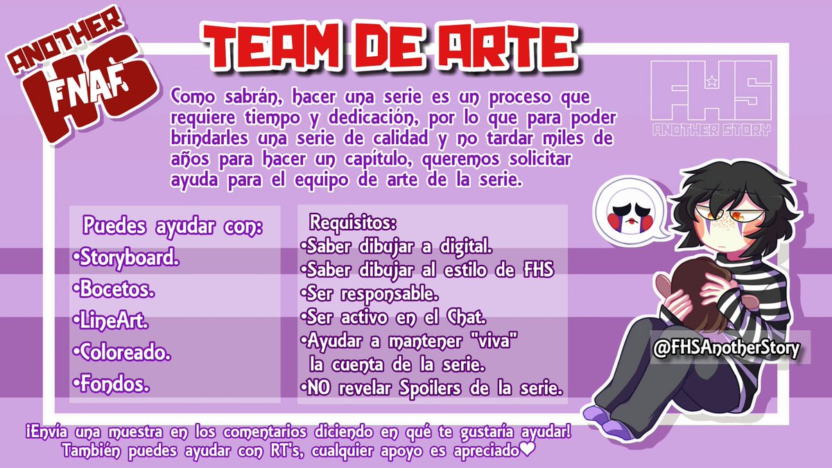 FHSAnotherStory's tweet photo. ¡Estamos buscando ayuda para el Team de Arte de #AnotherFHS!
Los interesados en formar parte del equipo tienen la información en la imagen, cualquier duda pueden preguntar en los comentarios o por mensaje privado UwU

Los RT's son apreciados❤

#FHS #FNAFHS #FNAFHSOC #FHSOC #FNAF https://t.co/imgBJ9REiw