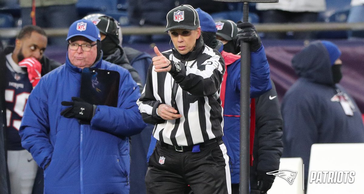 Patriots's tweet photo. Officially a first.

Proud to be part of history today, as Sarah Thomas became the first woman to officiate an @NFL playoff game. https://t.co/Vz96YY19Gy