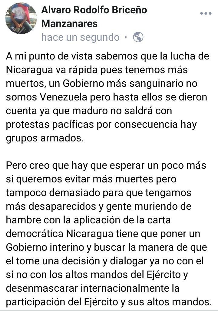 AlvaroBarm's tweet photo. Como estudiante ex atrincherado y participe de la lucha esta es mi postura ante la pronunciación de grupos armados #SosNicaragua #Nicaragua #SOSNicaraguaGlobal. Creo que aun nos falta acabar con esta vía antes de armarnos https://t.co/nB04rDSyHI